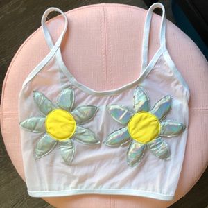White mesh sunflower spaghetti strap rave crop top